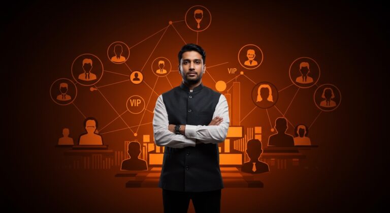 Emprendedor indio frente a símbolos abstractos de la cultura VIP y estructuras de poder en mercados emergentes.