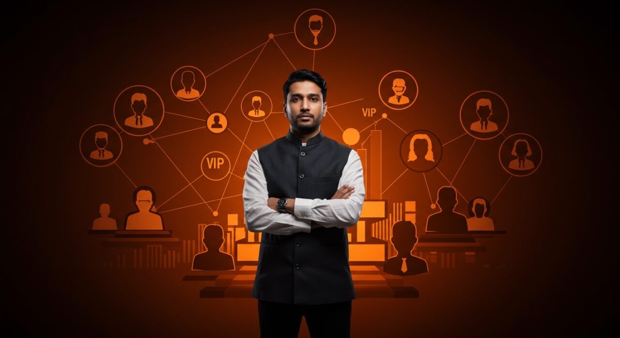 Emprendedor indio frente a símbolos abstractos de la cultura VIP y estructuras de poder en mercados emergentes.