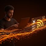 Founder usando una aplicación innovadora de lector RSS que facilita el consumo de información tecnológica sin estrés, resaltando productividad y tecnología.