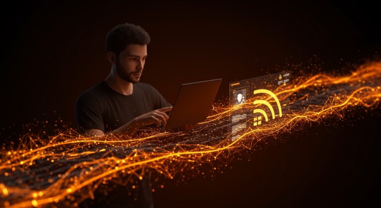 Founder usando una aplicación innovadora de lector RSS que facilita el consumo de información tecnológica sin estrés, resaltando productividad y tecnología.