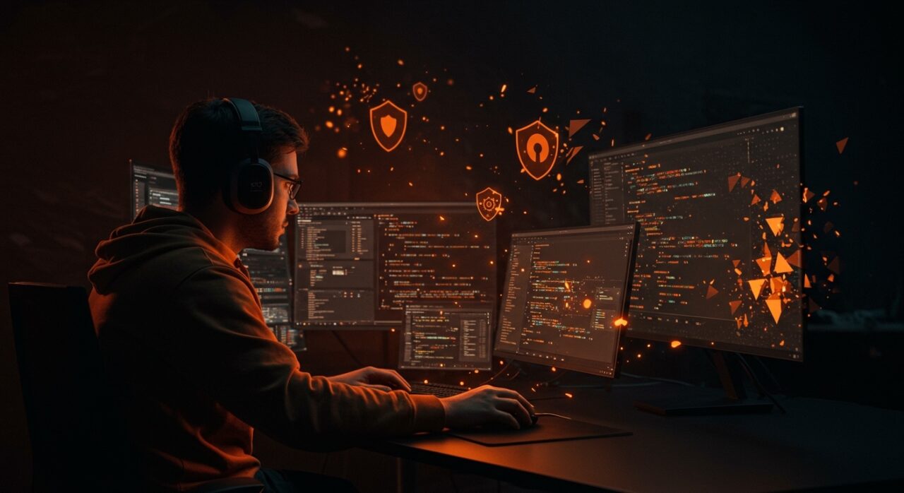 Vulnerabilidad zero-day CVE-2026-2441 en Chrome visualizada con un experto en ciberseguridad y códigos digitales en tonos naranja y negro.