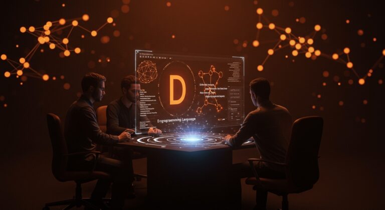 Equipo tech analizando el lenguaje de programación D para desarrollo eficiente y concurrencia integrada en startups.