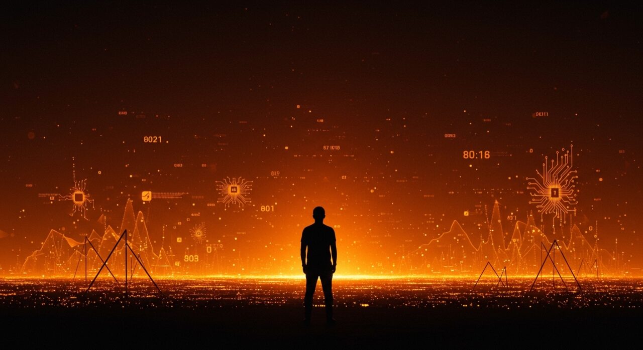 Dario Amodei frente a un horizonte digital que representa el fin del crecimiento exponencial en inteligencia artificial, con metáforas visuales de AGI y regulación en IA avanzada.