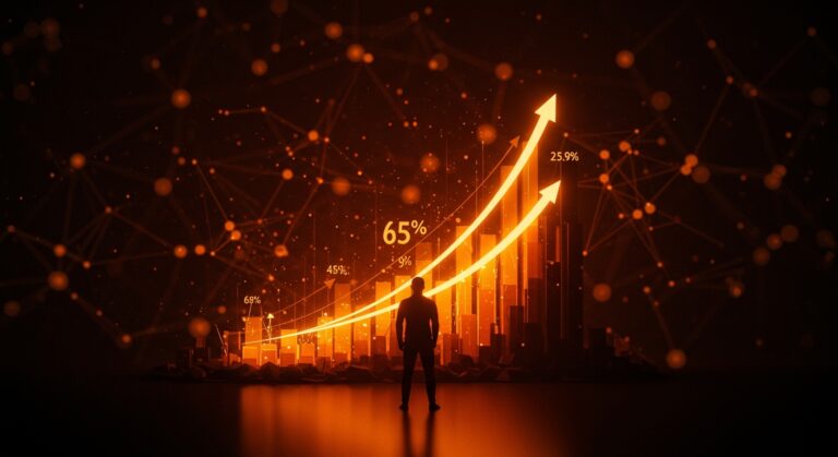 Databricks con crecimiento del 65%, $5.4B en ingresos y valoración de $134B, representado con gráficos ascendentes y energía de inversión en ecosistema startup tech.