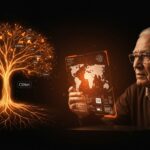 Retrato cinematográfico de Dave Farber, abuelo de Internet, con representaciones visuales de CSNet y NSFNET destacando su legado en la comunidad tecnológica.