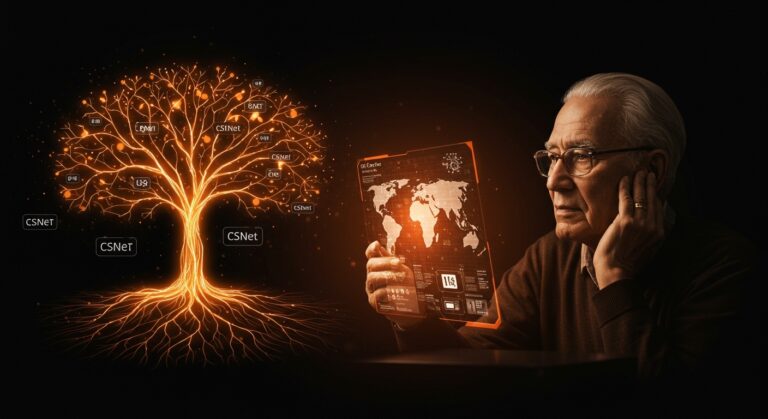 Retrato cinematográfico de Dave Farber, abuelo de Internet, con representaciones visuales de CSNet y NSFNET destacando su legado en la comunidad tecnológica.