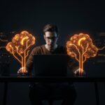 Fundador de startup tomando decisiones ágiles con el framework de decisiones de Jeff Bezos mostrando opciones recuperables e irrecuperables en tonos naranja y negro.