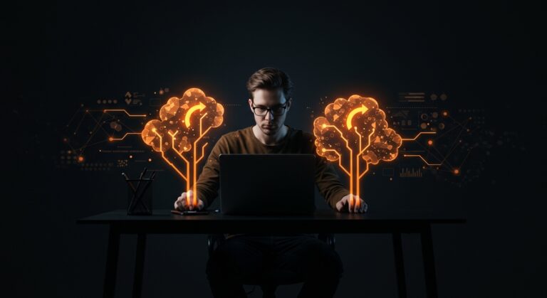 Fundador de startup tomando decisiones ágiles con el framework de decisiones de Jeff Bezos mostrando opciones recuperables e irrecuperables en tonos naranja y negro.