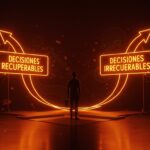 Fundador tomando decisiones recuperables e irrecuperables en startup con metáforas visuales sobre gestión de riesgos y acción rápida.