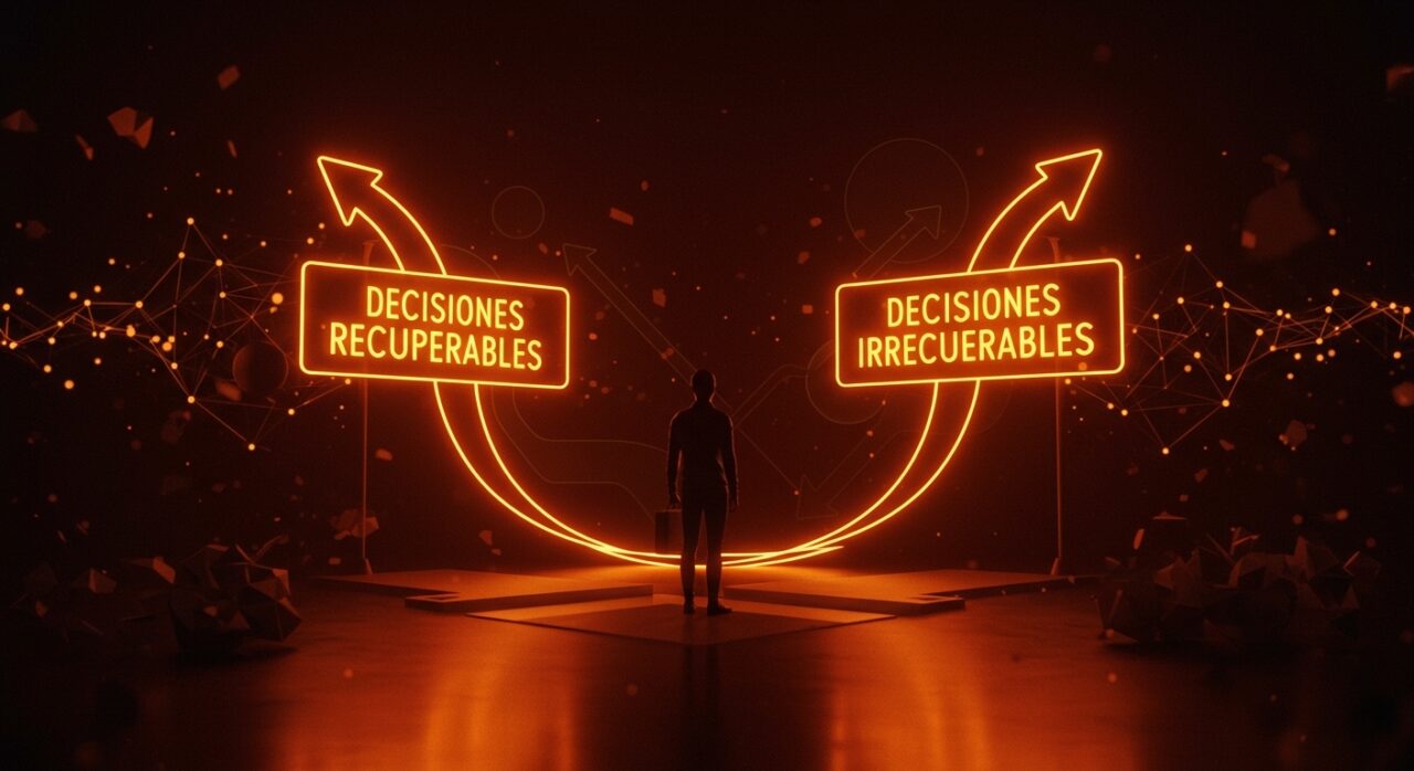 Fundador tomando decisiones recuperables e irrecuperables en startup con metáforas visuales sobre gestión de riesgos y acción rápida.