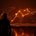 Declive de redes sociales en EEUU con fragmentación de audiencias y polarización política representada en red digital naranja y negra.