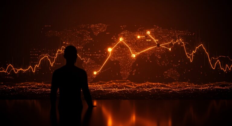 Declive de redes sociales en EEUU con fragmentación de audiencias y polarización política representada en red digital naranja y negra.