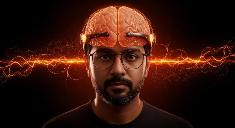 Deepinder Goyal con wearable cerebral innovador, destacando la financiación de Temple en tecnología de monitoreo cerebral.
