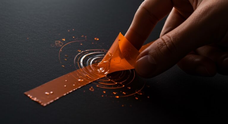 Mano despegando cinta Scotch con ondas de choque visibles que ilustran innovación tecnológica y estudio científico en materiales adhesivos.