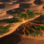 Reforestación en el Desierto de Taklamakan como sumidero de carbono impulsado por tecnologías verdes y sostenibilidad.