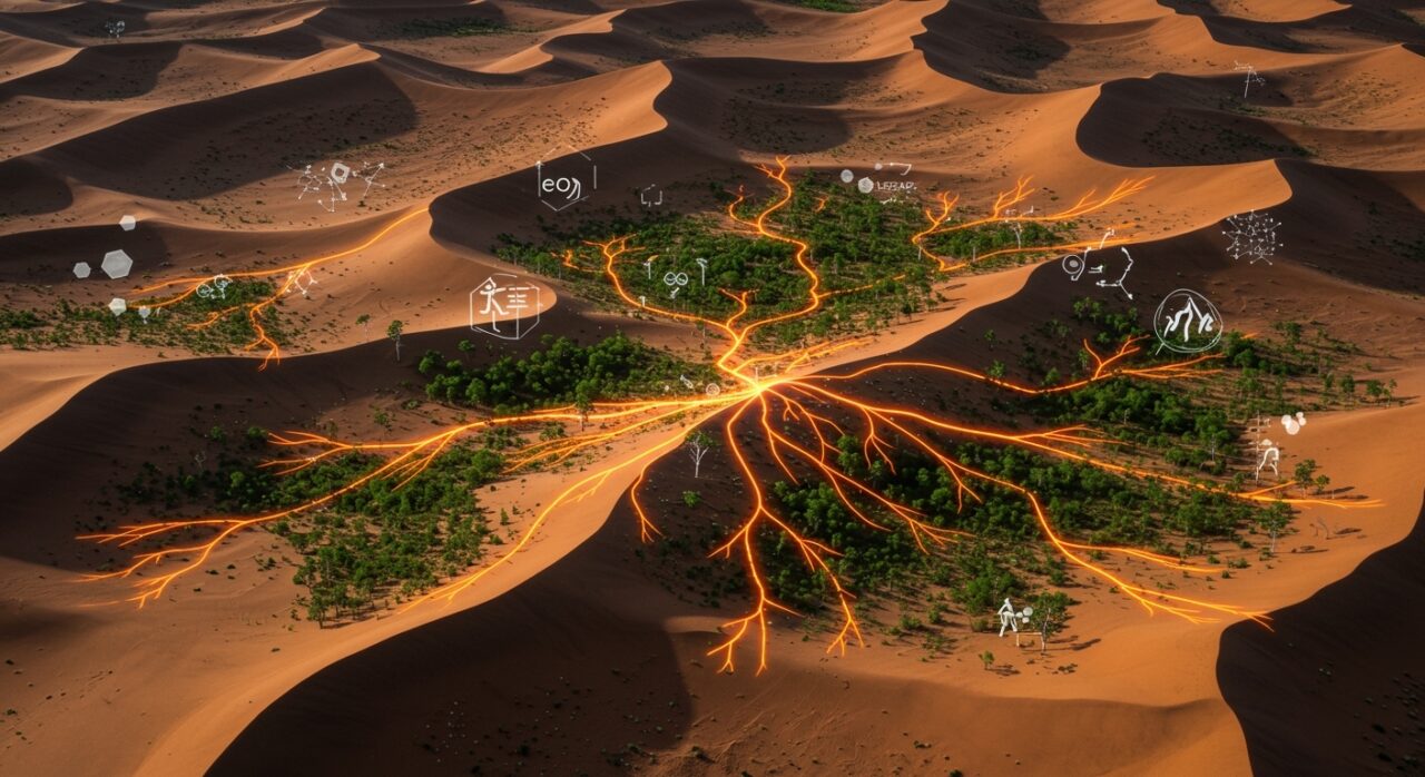 Reforestación en el Desierto de Taklamakan como sumidero de carbono impulsado por tecnologías verdes y sostenibilidad.