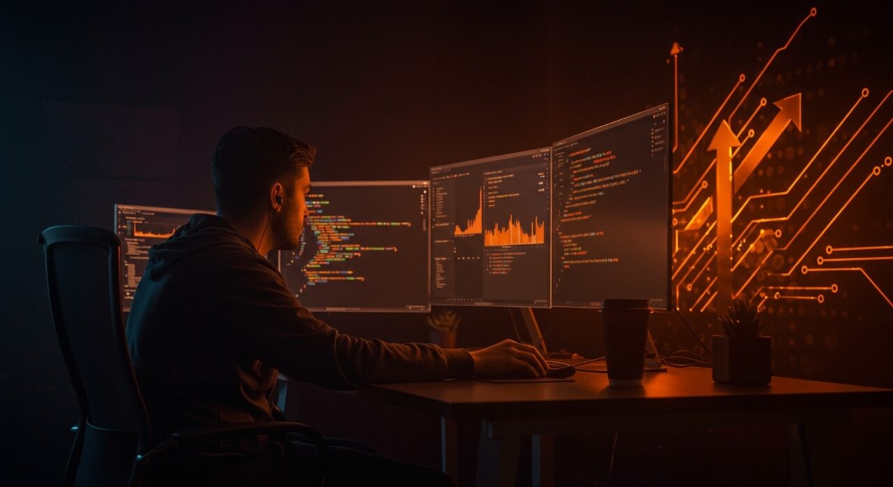 Ilustración de desarrollador trabajando optimizaciones en C++ para mejorar rendimiento en startups tech usando desvirtualización y polimorfismo estático.