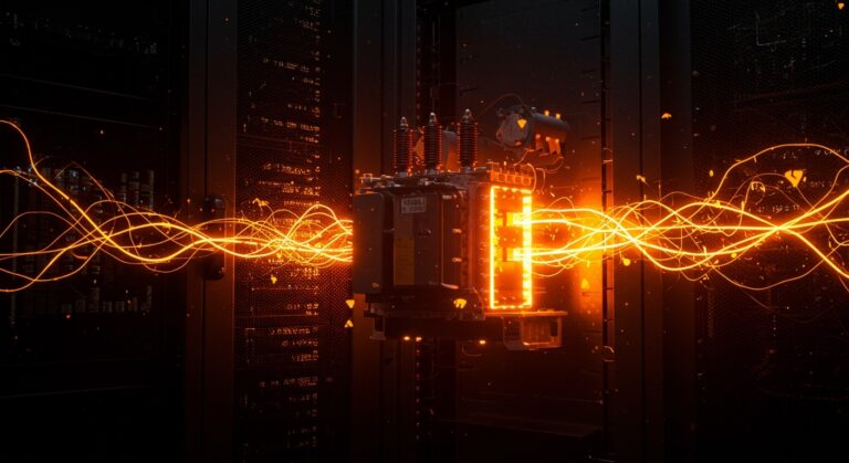 Transformador de estado sólido optimizando la eficiencia energética en centros de datos, destacando innovación tecnológica y financiación de startups.