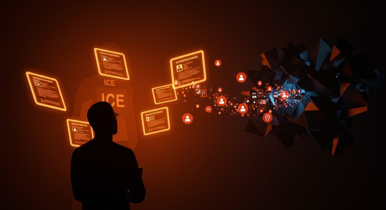 Imagen editorial que representa citaciones digitales masivas de ICE y el impacto en la privacidad y libertad de expresión online en el sector tecnológico.