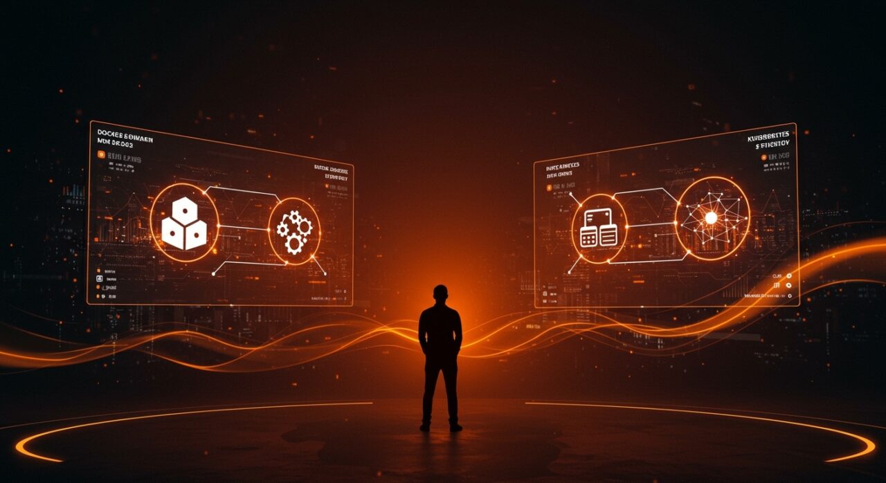 Comparativa visual entre Docker Swarm y Kubernetes resaltando orquestación de contenedores eficiente para startups y optimización de costos en DevOps.