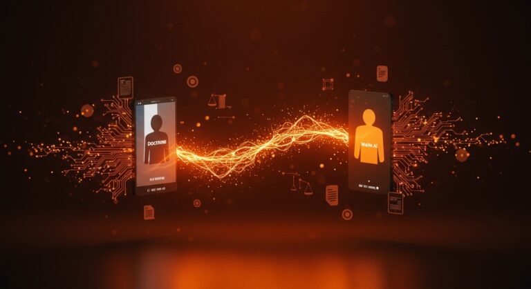 Adquisición de Maite.ai por Doctrine simbolizada con redes neuronales y conexiones digitales en el sector legaltech europeo.