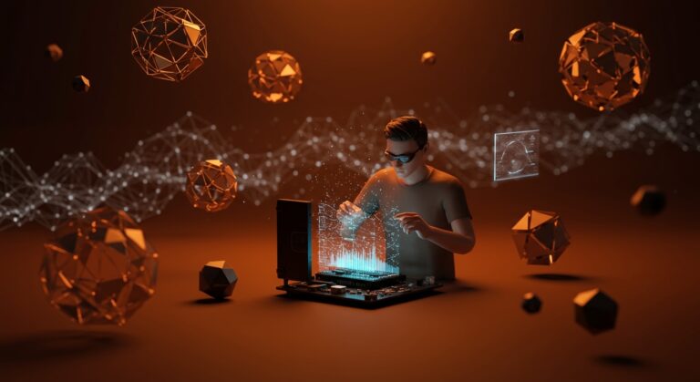 Founder trabajando con hardware DIY y redes neuronales que representan IA aplicada y bienestar tecnológico en innovación startup.