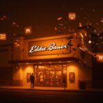 Fachada Eddie Bauer en crisis con símbolos de bancarrota y transformación digital en retail outdoor y comercio electrónico.