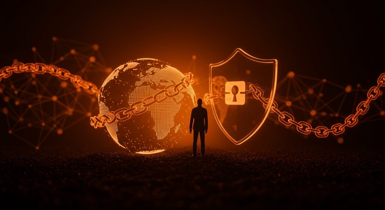 Diplomático frente a una representación visual de leyes de soberanía de datos globales y presión estadounidense en el ecosistema tecnológico.