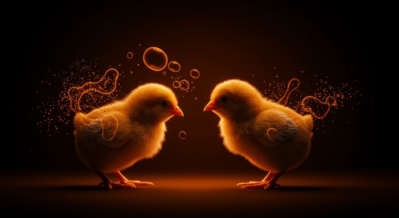 Imagen estilizada del efecto bouba-kiki en neurociencia aplicada al diseño tech mostrando asociaciones multisensoriales con pollitos en contexto de innovación de IA y UX en startups.