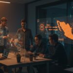 Equipo fintech trabajando en pagos transfronterizos México-EE.UU. con inteligencia artificial y funding de startups.