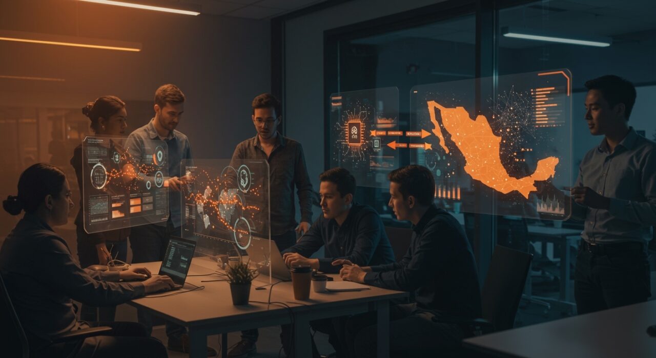 Equipo fintech trabajando en pagos transfronterizos México-EE.UU. con inteligencia artificial y funding de startups.