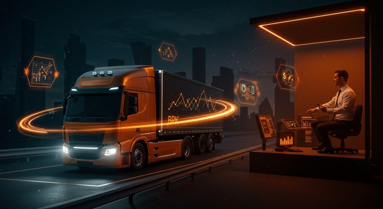 Camión autónomo Einride en carretera digital, simbolizando financiamiento startup y movilidad sostenible previo a fusión SPAC.