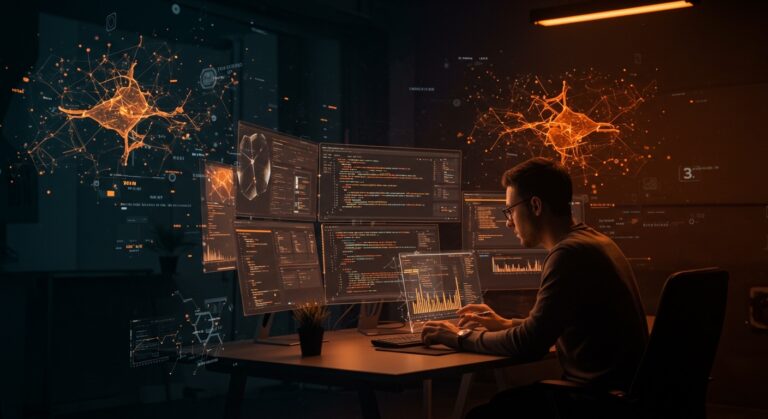 Ingeniero de software verificando y refutando código generado por inteligencia artificial en un entorno tecnológico moderno.