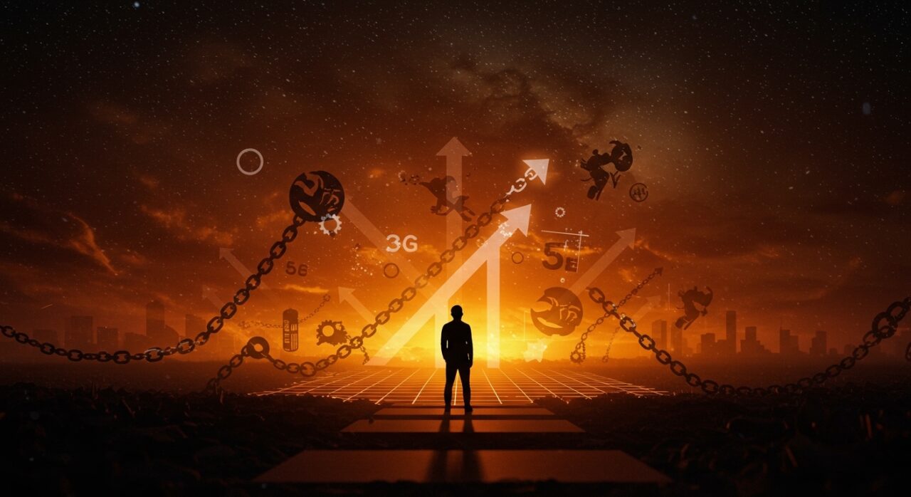 Silhouette de fundador startup reflexionando sobre ética tecnológica y progreso histórico en un entorno digital con símbolos abstractos de impacto social y sostenibilidad.