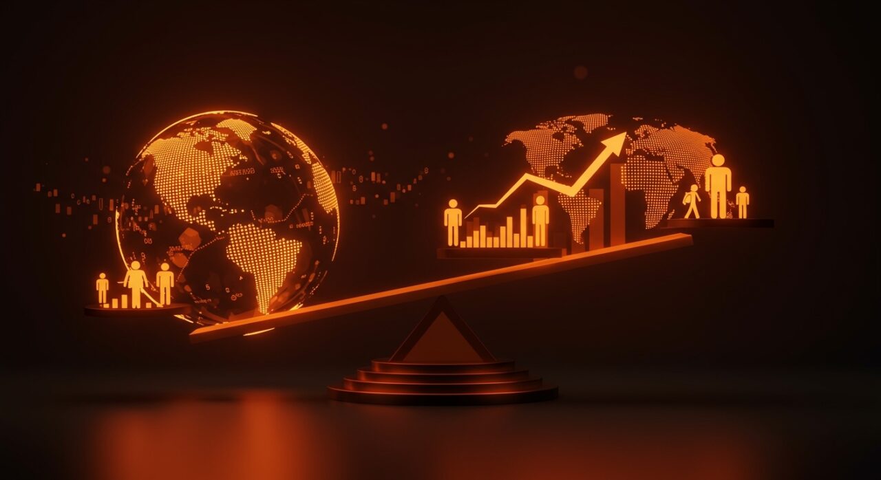 Visualización editorial de paridad de poder adquisitivo mostrando equidad económica global y tendencias de consumo emergentes.