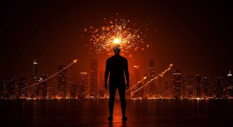 Ilustración de empresario con redes neuronales y flechas ascendentes que simbolizan la inversión de ElevenLabs liderada por Nvidia y Sequoia, destacando su valoración de 11 mil millones y planes de IPO.