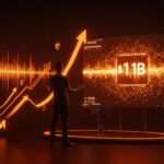 Fundador de startup frente a visualización digital de voz sintética e inteligencia artificial, representando la ronda de funding de $500M de ElevenLabs y su valuación de $11B.