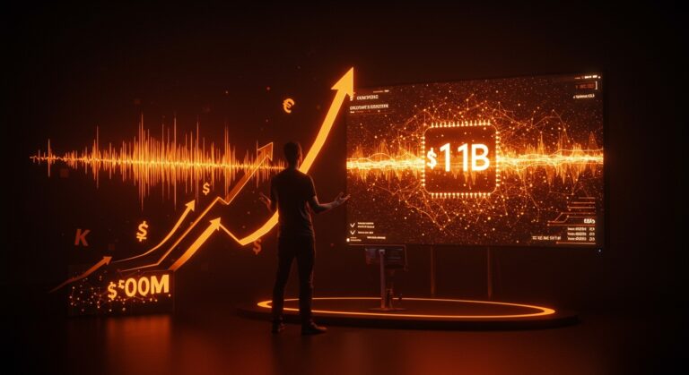 Fundador de startup frente a visualización digital de voz sintética e inteligencia artificial, representando la ronda de funding de $500M de ElevenLabs y su valuación de $11B.