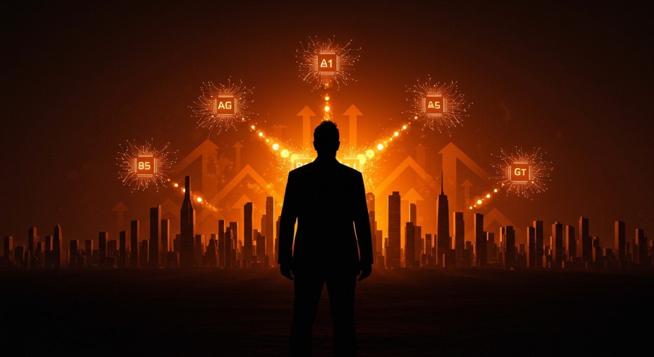 Elon Musk frente a un horizonte futurista que simboliza la fusión SpaceX-xAI y el nuevo poder tecnológico en Silicon Valley.