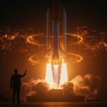 Elon Musk con un cohete futurista de SpaceX integrado con elementos de inteligencia artificial espacial representando la fusión tecnológica y valoración de startups.