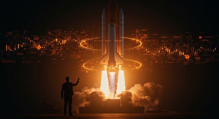 Elon Musk con un cohete futurista de SpaceX integrado con elementos de inteligencia artificial espacial representando la fusión tecnológica y valoración de startups.