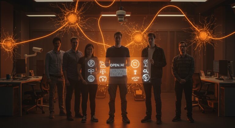 Empleados de Google y OpenAI unidos en solidaridad contra el uso militar de IA en una imagen editorial con tonos naranja y negro.