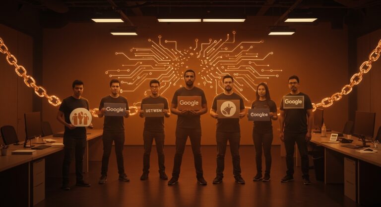 Empleados de Google protestando contra contratos con ICE, representando activismo interno y ética en tecnología startup.