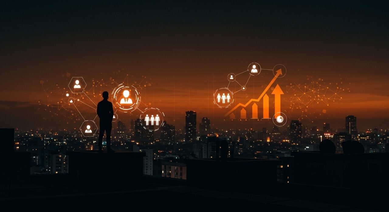 Emprendedor colombiano contemplando la ciudad con símbolos digitales de movilidad social y superación de pobreza mediante startups e innovación social.