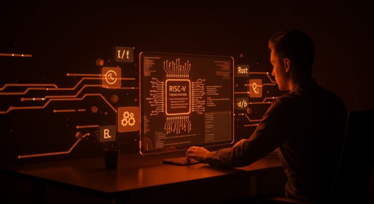 Emuko emulador rápido de RISC-V en Rust arrancando Linux, imagen conceptual de desarrollo tecnológico y arquitecturas abiertas.