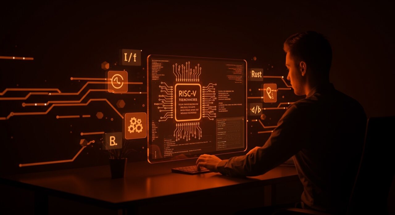 Emuko emulador rápido de RISC-V en Rust arrancando Linux, imagen conceptual de desarrollo tecnológico y arquitecturas abiertas.