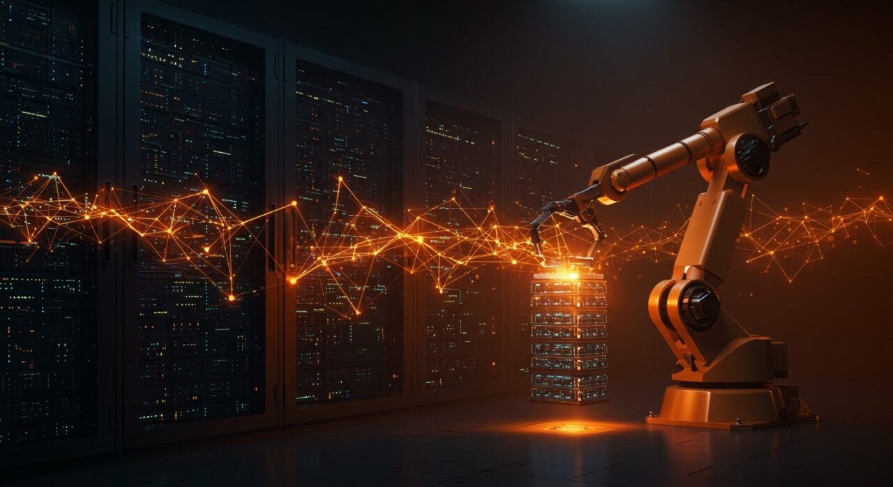 Robot autónomo construyendo infraestructura de datos para IA física en startup Encord tras ronda de Serie C de €50M liderada por Wellington Management.