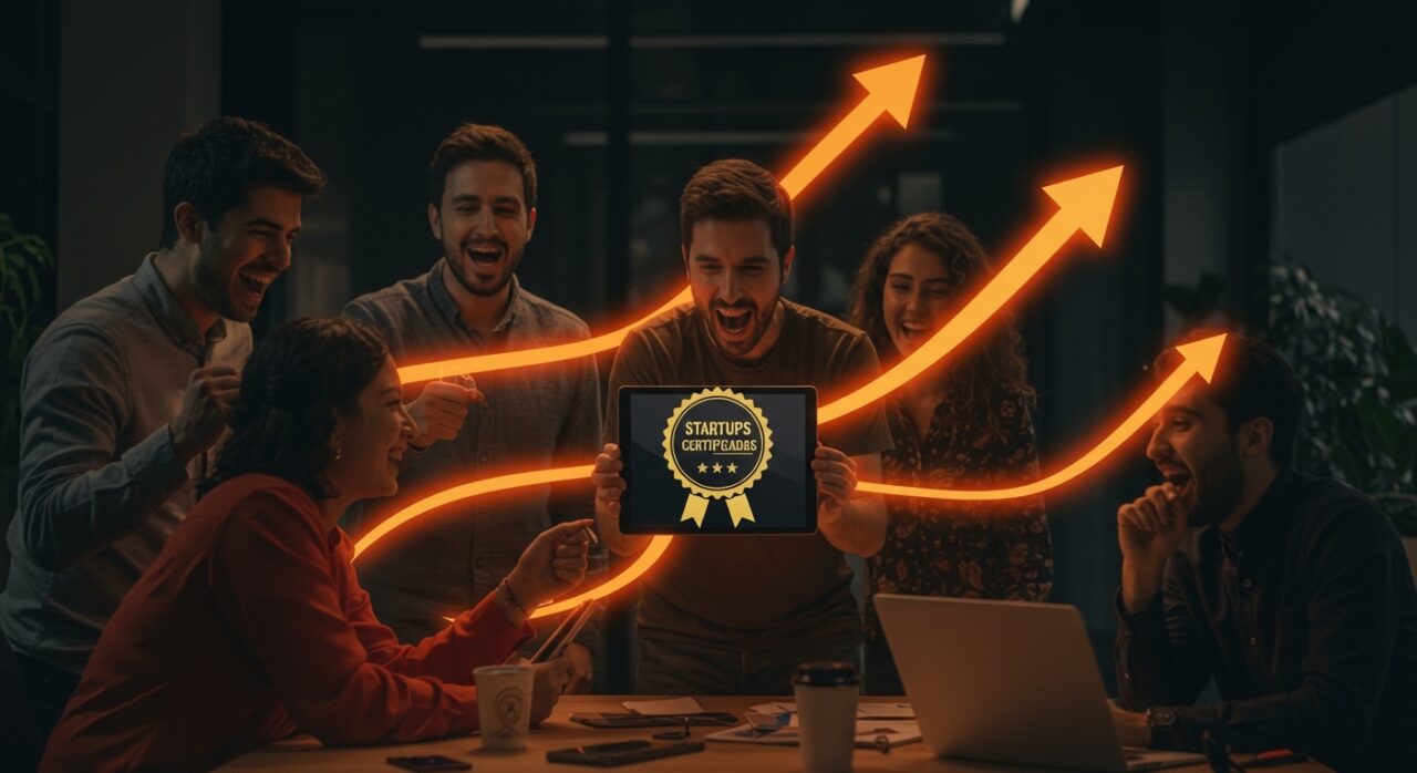 Startup certificada por Enisa celebrando su crecimiento y acceso a financiación pública bajo la Ley de Startups en España.