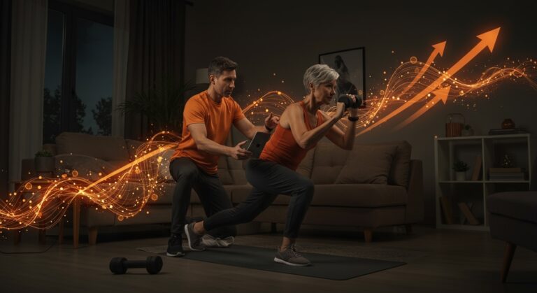 Entrenador personal guiando a un adulto mayor en sesión de fitness online en casa, representando el modelo híbrido de la startup chilena EntrenaEnCasa en la silver economy.