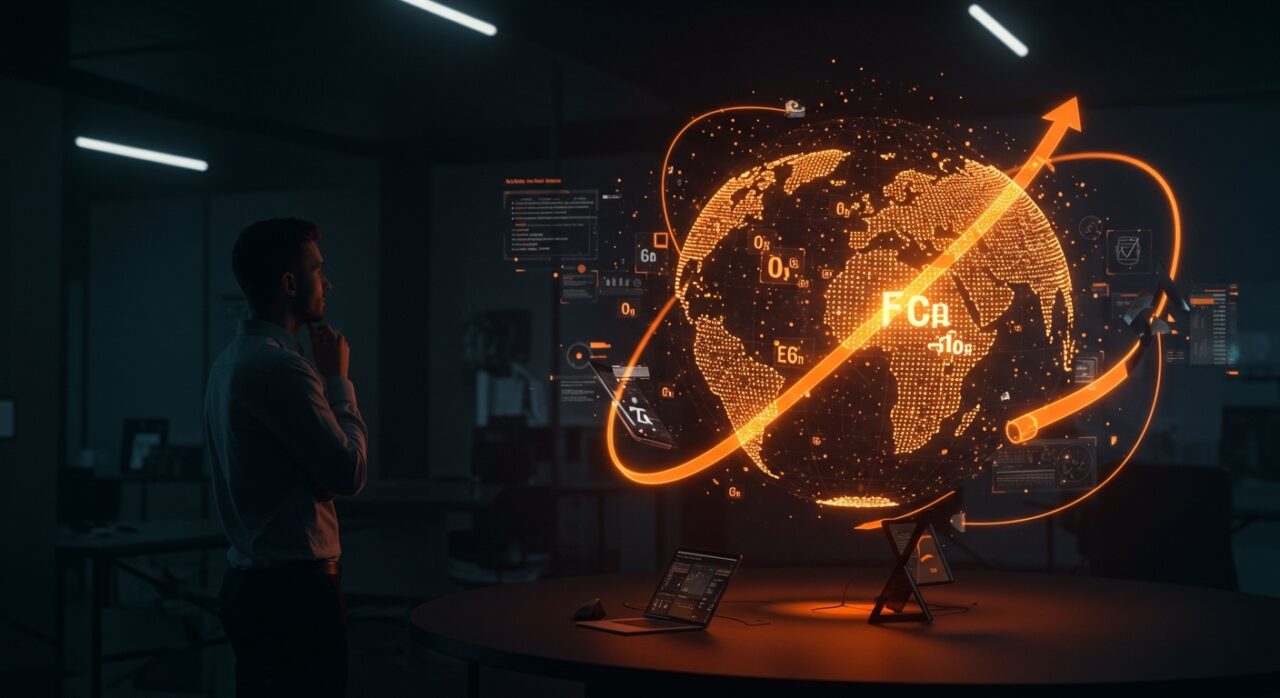 Fundador de startup cleantech observando un globo digital que simboliza gases de efecto invernadero, ilustrando el impacto de la derogación de regulaciones climáticas de la EPA.